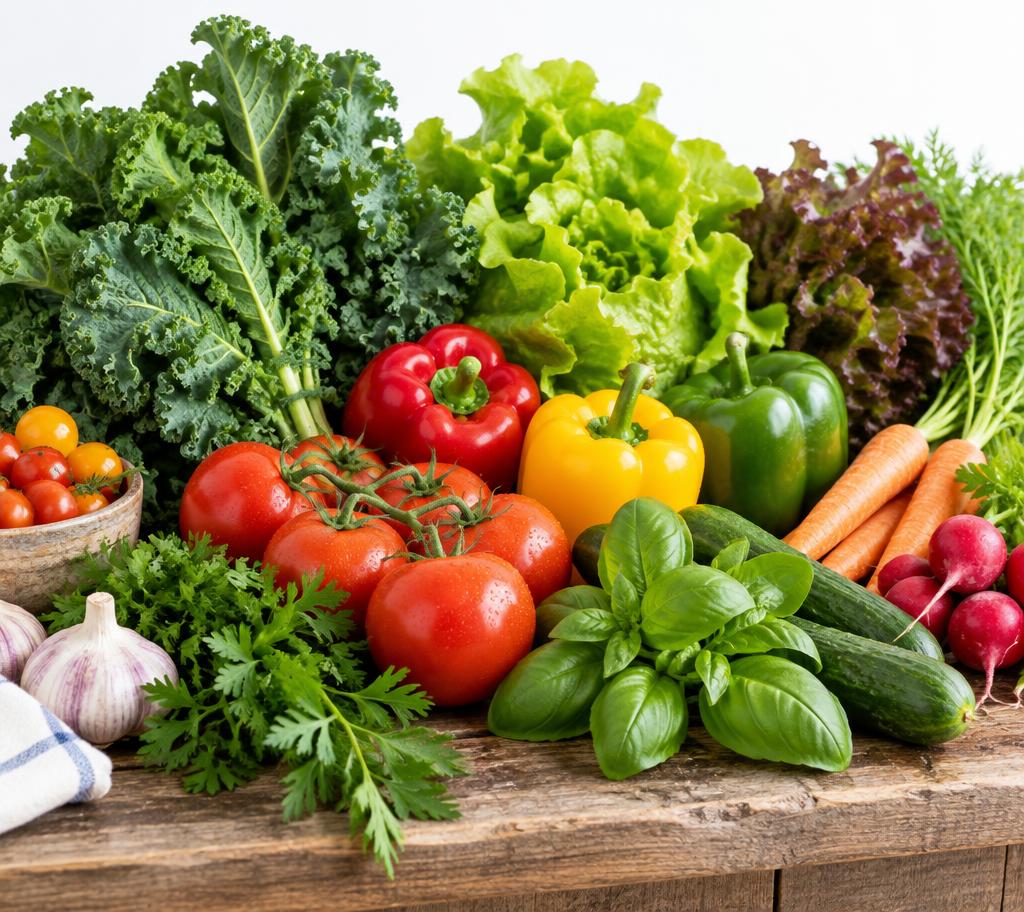 Freshly harvested lettuce, kale, tomatoes, peppers and herbs on a wooden table