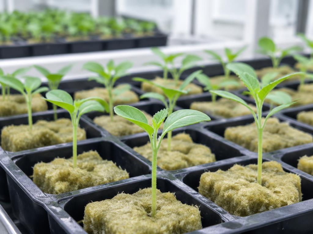 Young seedlings sprouting from rockwool cubes in a propagation tray